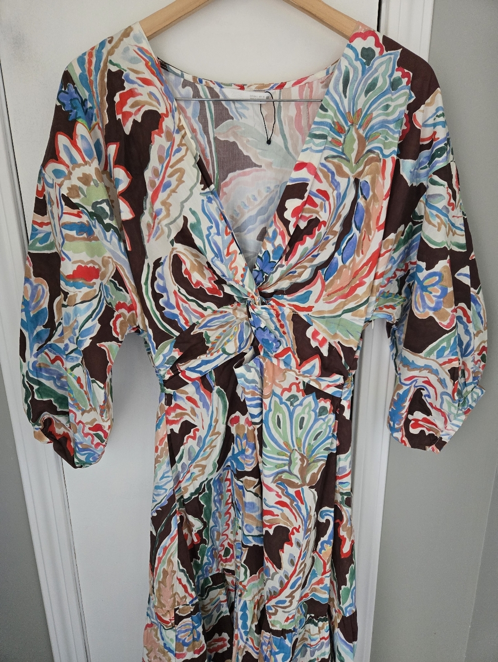 Zara Multicolor Floral Print Cut-Out Flounced Puff Sleeve Poplin Dress Size LG - Picture 9 of 14